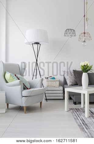 Bright Living Room With A White Armchair And Lamp