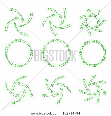 Vector illustration. Arrows outline green. Located in the shape of a circle towards the center radiating from the cente