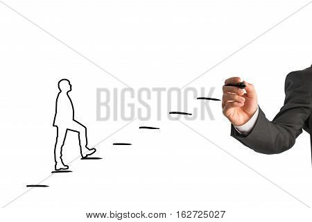 Hand of businessman drawing person walking up steps on a white background success concept.