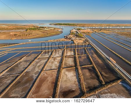 Aerial. Salt lakes view from the sky on the island Tavira. Quatro aguas. Portugal