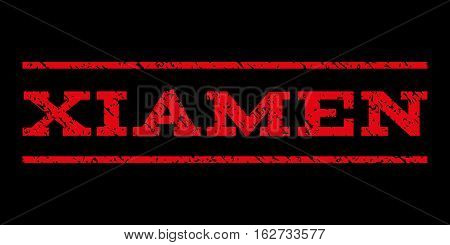 Xiamen watermark stamp. Text tag between horizontal parallel lines with grunge design style. Rubber seal stamp with dirty texture. Vector red color ink imprint on a black background.