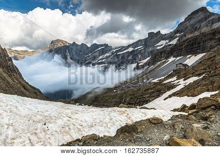 Scenic view of famous Cirque de Gavarnie with Gavarnie Fall in Pyrenees National Park.