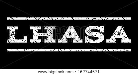 Lhasa watermark stamp. Text tag between horizontal parallel lines with grunge design style. Rubber seal stamp with dirty texture. Vector white color ink imprint on a black background.