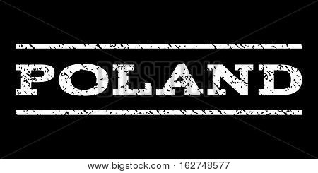 Poland watermark stamp. Text caption between horizontal parallel lines with grunge design style. Rubber seal stamp with scratched texture. Vector white color ink imprint on a black background.