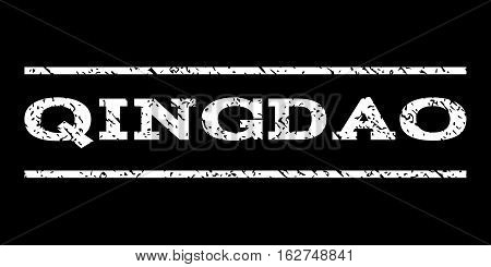 Qingdao watermark stamp. Text tag between horizontal parallel lines with grunge design style. Rubber seal stamp with dust texture. Vector white color ink imprint on a black background.