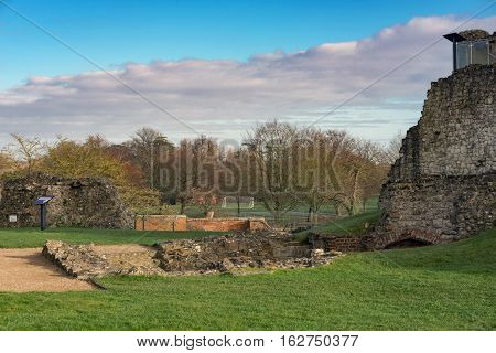 Farnham Castle and park on a sunny mid-winter day.