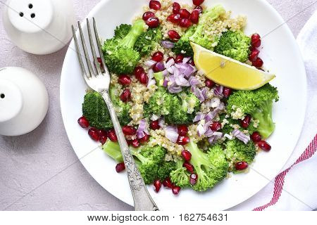 Quinoa Salad With Broccoli,red Onion And Pomegranate.top View.