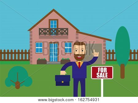 Real estate agent holding the document for the for sale house. Vector flat design illustration.