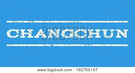 Changchun watermark stamp. Text caption between horizontal parallel lines with grunge design style. Rubber seal stamp with dirty texture. Vector white color ink imprint on a blue background.