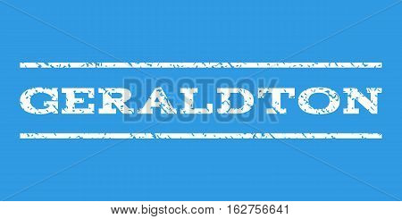 Geraldton watermark stamp. Text tag between horizontal parallel lines with grunge design style. Rubber seal stamp with scratched texture. Vector white color ink imprint on a blue background.