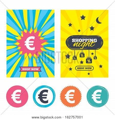 Sale banners, online shopping. Euro sign icon. EUR currency symbol. Money label. Shopping night. Vector