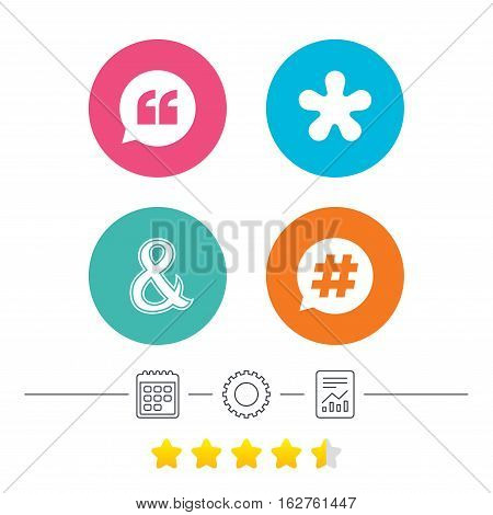 Quote, asterisk footnote icons. Hashtag social media and ampersand symbols. Programming logical operator AND sign. Speech bubble. Calendar, cogwheel and report linear icons. Star vote ranking. Vector