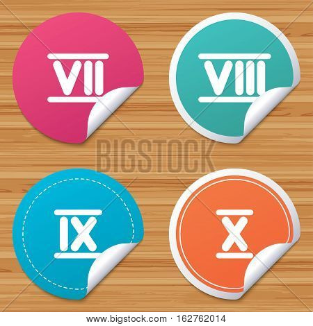 Round stickers or website banners. Roman numeral icons. 7, 8, 9 and 10 digit characters. Ancient Rome numeric system. Circle badges with bended corner. Vector