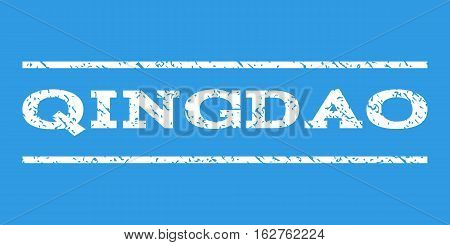 Qingdao watermark stamp. Text caption between horizontal parallel lines with grunge design style. Rubber seal stamp with scratched texture. Vector white color ink imprint on a blue background.