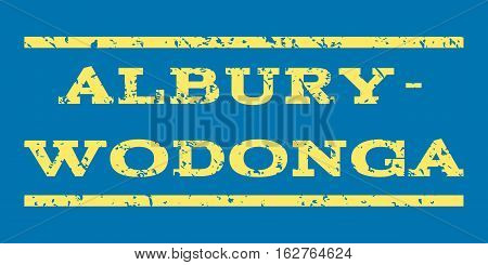 Albury-Wodonga watermark stamp. Text tag between horizontal parallel lines with grunge design style. Rubber seal stamp with unclean texture. Vector yellow color ink imprint on a blue background.