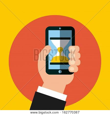 hand holding a smartphone device with sandclock icon on screen over orange circle and yellow background. colorful design. vector illustration