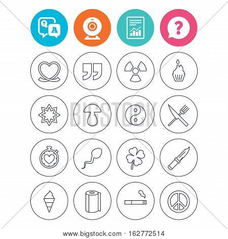 Universal icons. Quotes, ribbon heart and cake. Clover, mushroom and ice cream. Smoking, knife and fork. Report document, question and answer icons. Web camera sign. Vector
