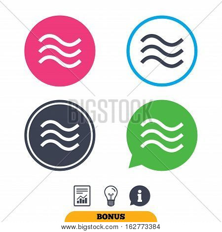 Water waves sign icon. Flood symbol. Report document, information sign and light bulb icons. Vector