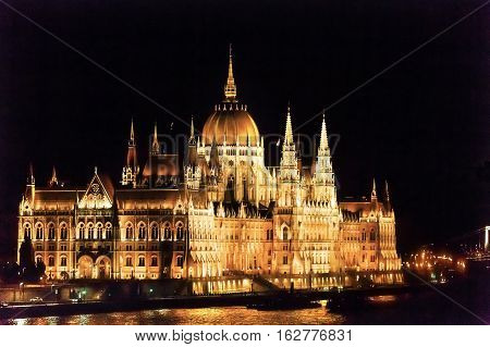 Parliament Building Danube River Reflection Budapest Hungary. Parliament Building built betwwn 1885 to 1904.
