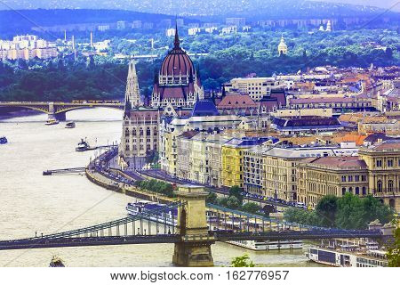 Parliament Building Boats Danube River Reflection Budapest Hungary. Parliament Building built betwwn 1885 to 1904.
