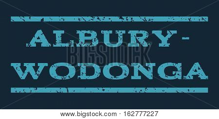 Albury-Wodonga watermark stamp. Text tag between horizontal parallel lines with grunge design style. Rubber seal stamp with dirty texture. Vector blue color ink imprint on a dark blue background.