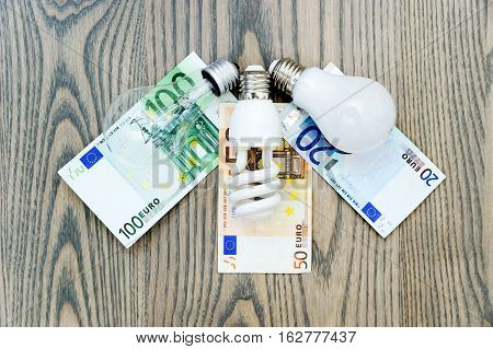LED bulb saves money. The photo shows three lights: LED fluorescent and incandescent. Money bills related costs for energy consumption.