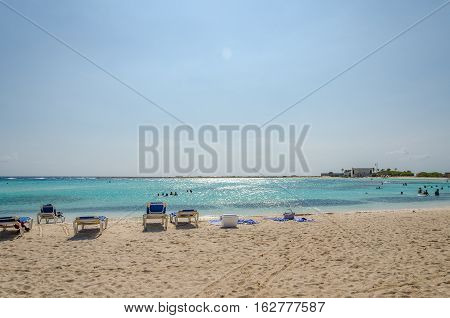 View Of Tourists Enjoying  Baby Beach On Aruba