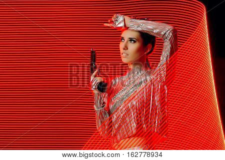 Secret Agent in Silver Outfit in Light Painting  Backdrop