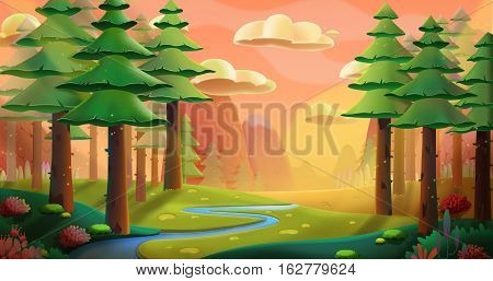 Peaceful Forest. Video Game's Digital CG Artwork, Concept Illustration, Realistic Cartoon Style Background