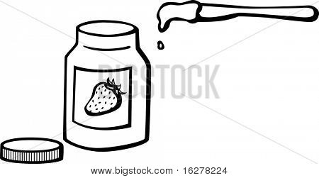 ขวด marmalade สตรอเบอร์รี่และแพร่กระจายมีด