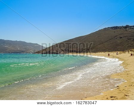 Ftelia Beach Under The Blue Sky In Mykonos, Greece