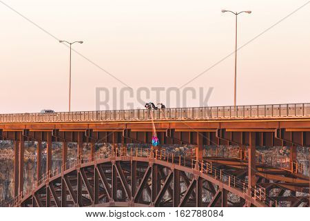 Base jumper on Perrine Bridge in Twin Falls, Idaho, USA.