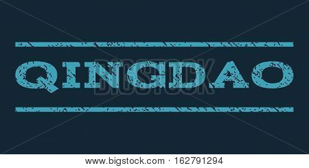 Qingdao watermark stamp. Text caption between horizontal parallel lines with grunge design style. Rubber seal stamp with dust texture. Vector blue color ink imprint on a dark blue background.