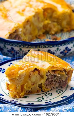 Vertuta with meat and potato. style rustic. selective focus