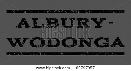 Albury-Wodonga watermark stamp. Text caption between horizontal parallel lines with grunge design style. Rubber seal stamp with scratched texture. Vector black color ink imprint on a gray background.