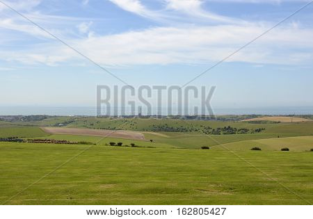 View from the South Downs towards the English Channel sea at Shoreham )near Brighton) in West Sussex England
