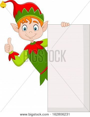 Vector illustration of Cute green elf holding blank sign and giving thumbs up