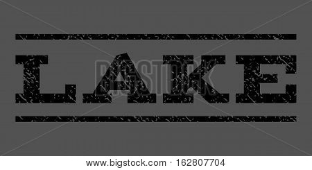 Lake watermark stamp. Text tag between horizontal parallel lines with grunge design style. Rubber seal stamp with unclean texture. Vector black color ink imprint on a gray background.
