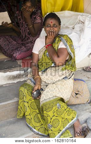 Illustrative image. Pondicherry Tamil Nadu India - July 03 2014. Poor woman worker in small village very hard work for little money roupies