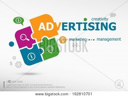 Advertising Word Cloud On Colorful Jigsaw Puzzle.