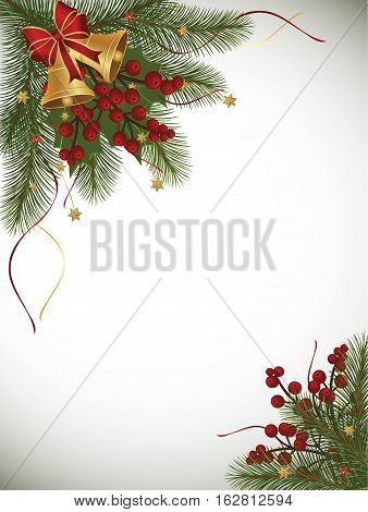 Winter background with fir branch border bells and berries and decorations