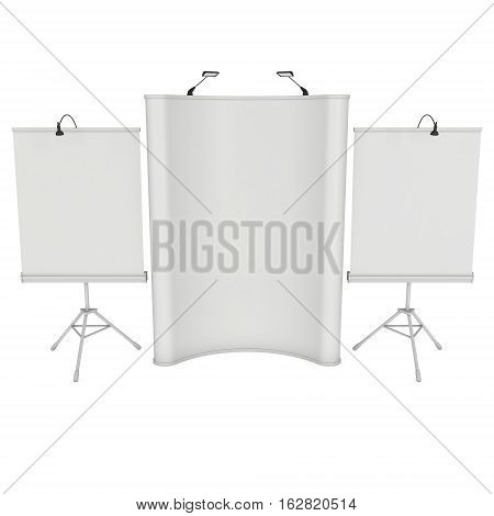 Blank Roll and Pop Up Expo Banner Stand Group. Trade show booth white and blank. 3d render illustration isolated on white background. Template mockup for your expo design.