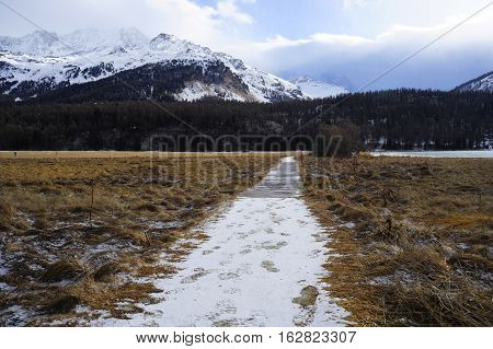 amazing landscape scenic view of Engadin valley in Switzerland Sils Maria village with snow on Alp mountains and frozen ground on a cold sunny winter day in tourism and holiday destination