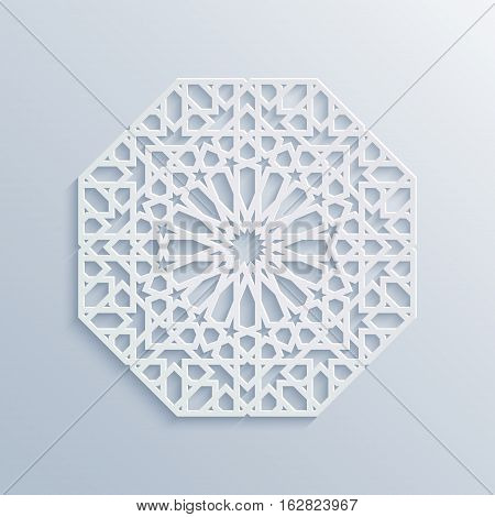 Vector muslim mosaic persian motif. Mosque decoration element. Islamic geometric pattern. Elegant white oriental ornament traditional arabic art. 3D mandala for brochures invitations greeting card