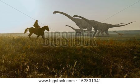 People and dinosaurs. Realistic animation. Landscape view. 3d rendering