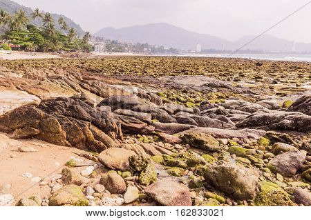 Rock exposed when low tide at Kalim beach Phuket Thailand. It an be used as background