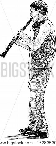 Vector drawing of an young street oboist.