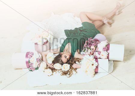 Pretty Girl In Flowers Bouquets
