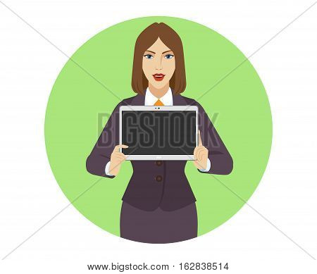 Businesswoman showing blank digital tablet PC. Portrait of businesswoman in a flat style. Vector illustration.