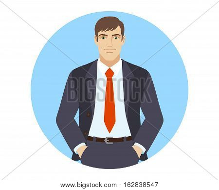 Businessman standing with hands in pockets. Portrait of businessman in a flat style. Vector illustration.